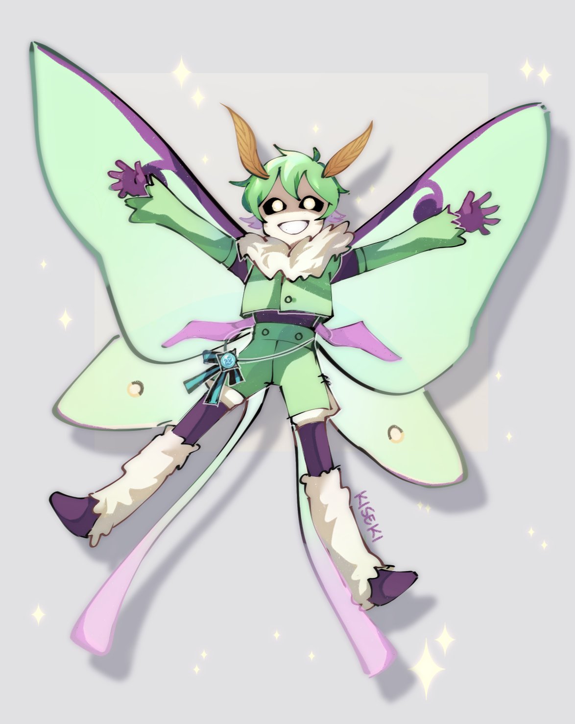 1boy, afterlife_smp, antennae, fur_trim, happy, highres, insect_wings, kisekiii_25, looking_at_viewer, male_focus, minecraft_youtube, moth_antennae, moth_boy, moth_wings, ribbon, shorts, signature, smajor1995, smajor1995_(mothling), smile, solo, sparkle, white_eyes, wings