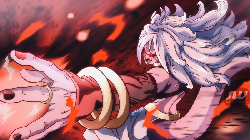 1girl, android_21, black_nails, derivative_work, detached_sleeves, dragon_ball, dragon_ball_fighterz, energy