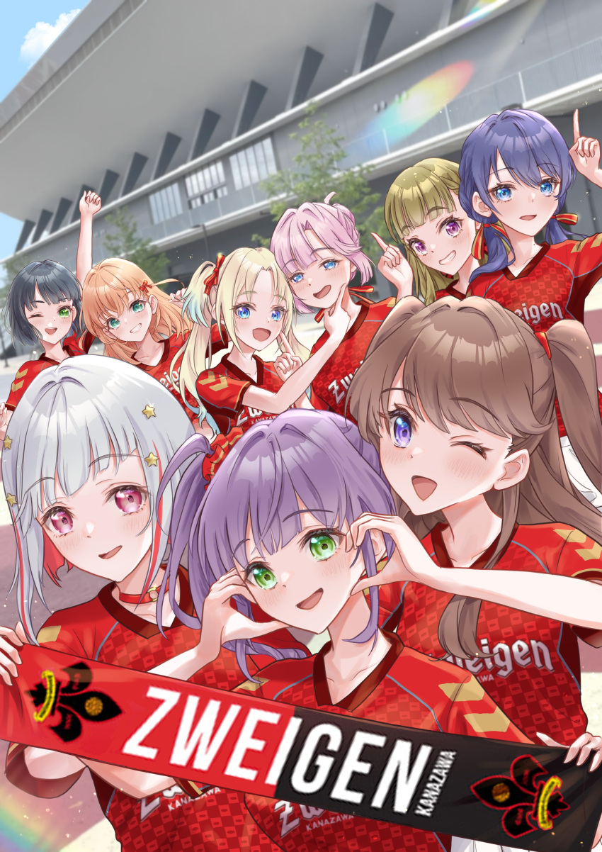 6+girls, absurdres, anyoji_hime, aqua_eyes, arm_up, baseball_jersey, black_hair, blonde_hair