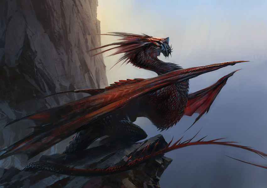 animal_focus, black_scales, concept_art, day, dragon, fins, from_side, full_body