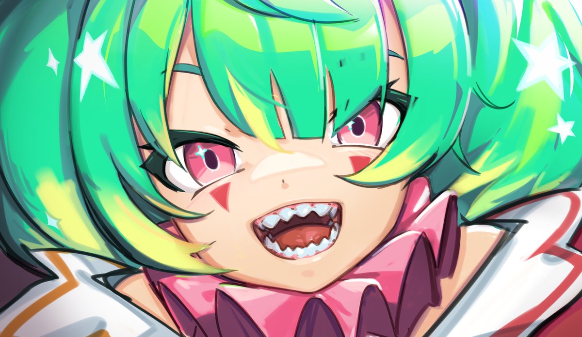 1girl, blonde_hair, chachironi3, collar, colored_tips, commentary, coni_confetti, facial_mark