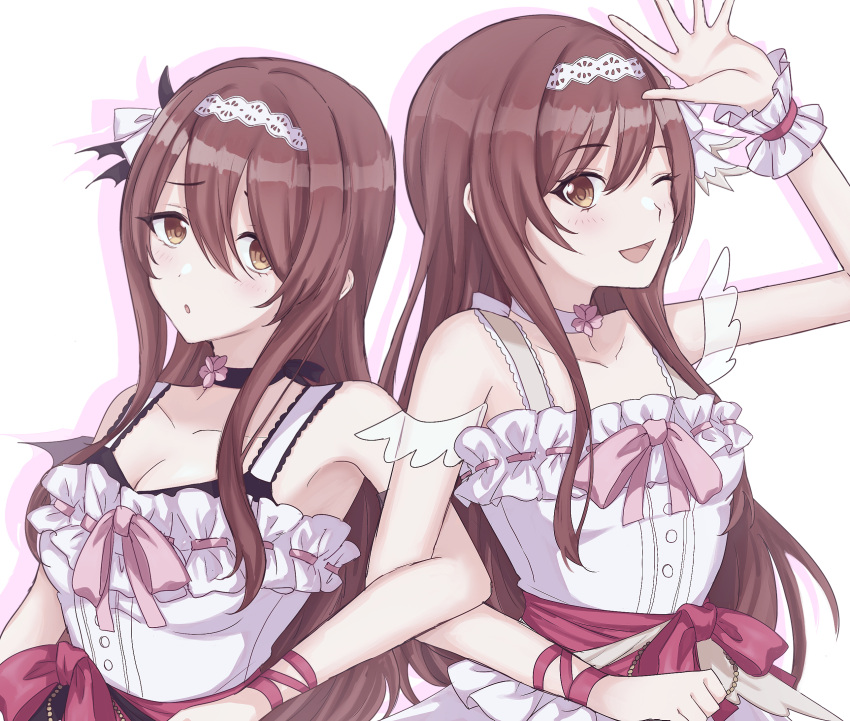 2girls, blush, brown_hair, highres, idolmaster, idolmaster_shiny_colors, long_hair, looking_at_viewer