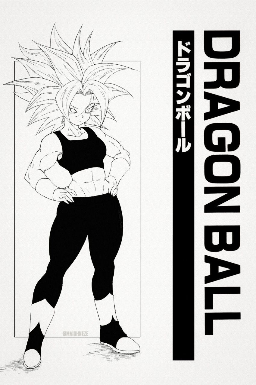 1girl, abs, artist_name, crop_top, dragon_ball, dragon_ball_super, earrings, greyscale, highres, jewelry, kefla_(dragon_ball), maiohneze, midriff, monochrome, muscular, muscular_female, pants, potara_earrings, saiyan, solo, spiky_hair, super_saiyan