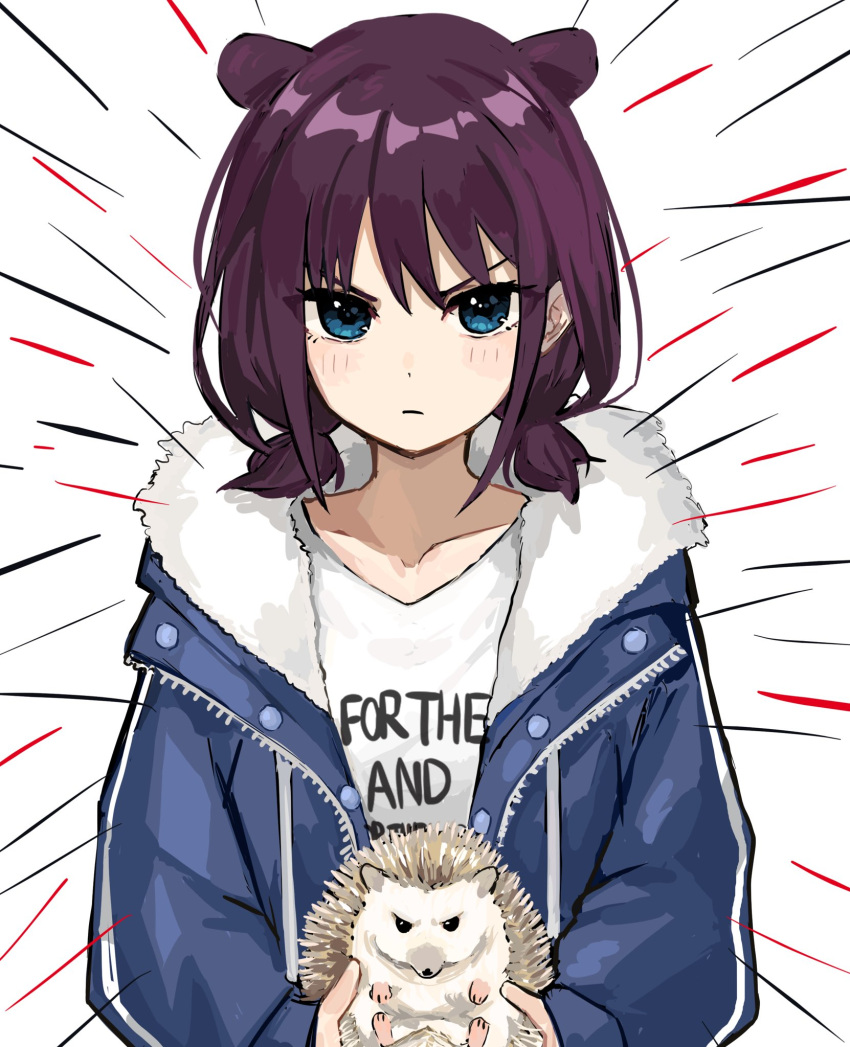1girl, animal, bfmelu, blue_eyes, blue_jacket, blush, brown_hair, closed_mouth