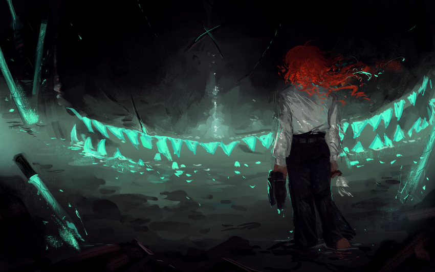 1girl, absurdres, black_pants, broken_glass, dream-devouring_siltcurrent, floating_hair, fluorescent_lamp, from_behind