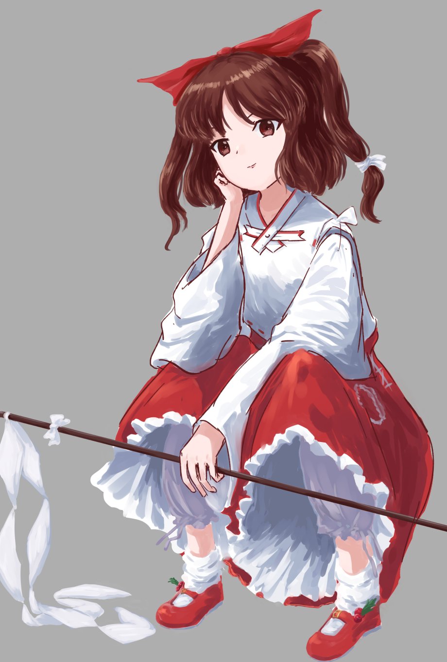 1girl, ankle_socks, blonde_shrine_maiden_from_a_future_era_(touhou), bloomers, bow, brown_eyes, brown_hair, detached_sleeves