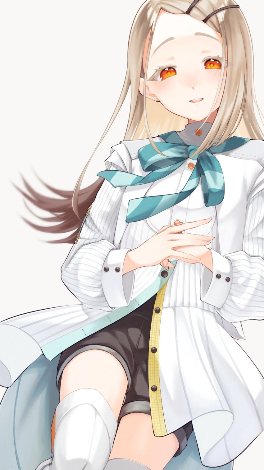 1girl, absurdres, black_shorts, blue_ribbon, blush, boots, brown_hair, colored_eyelashes