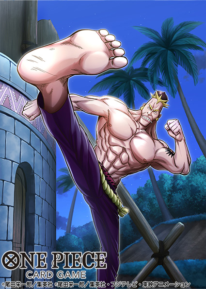 1boy, abs, aidle_co_jp, blonde_hair, hat, leg_up, male_focus, montblanc_noland, muscular, muscular_male, official_art, one_piece, one_piece_card_game, palm_tree, pants, purple_pants, rope, solo, tree