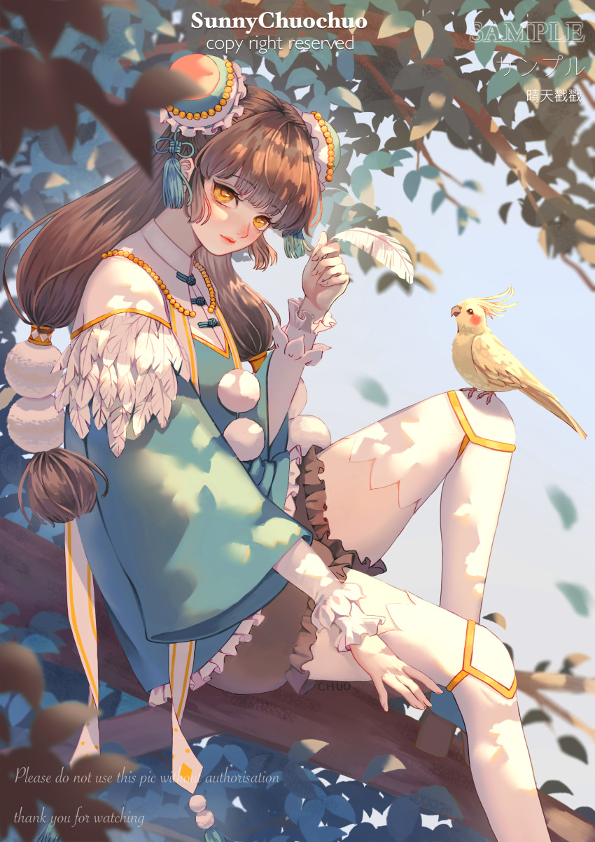 1girl, absurdres, bare_shoulders, bird, bird_on_leg, blue_bow, blue_ribbon, blue_shirt