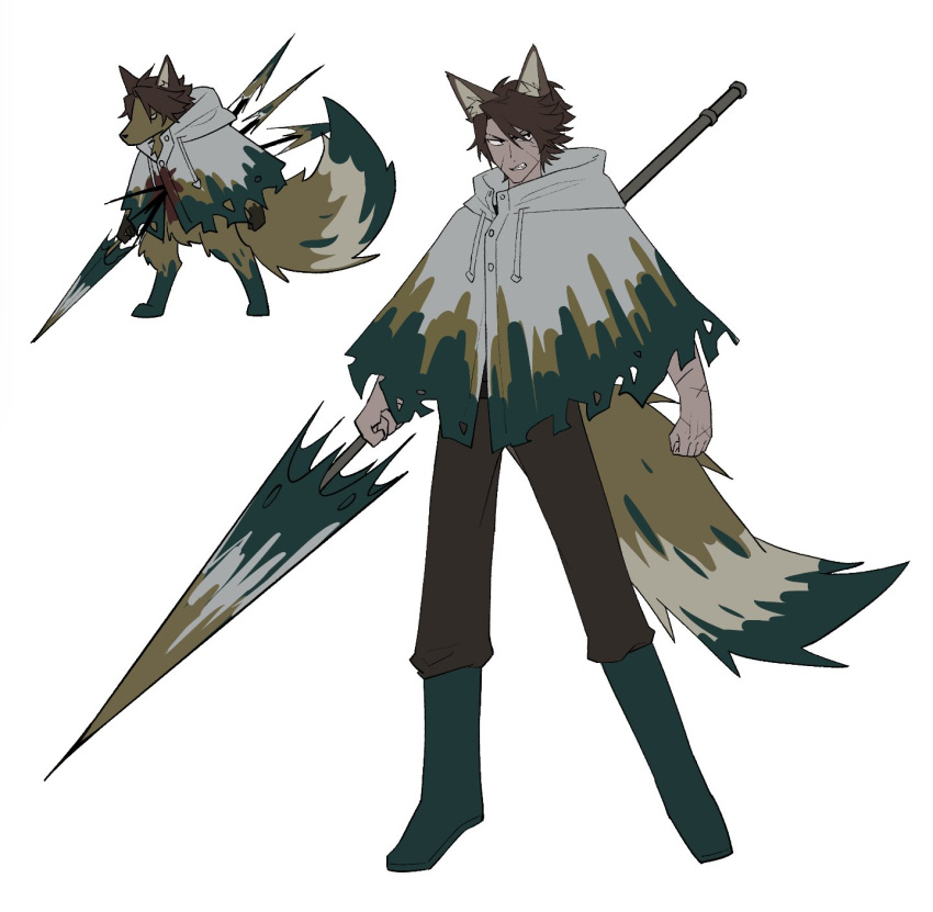 14_shizu, 1boy, animal_ears, boots, brown_pants, cloak, drifting_fox, e.g.o_(project_moon)
