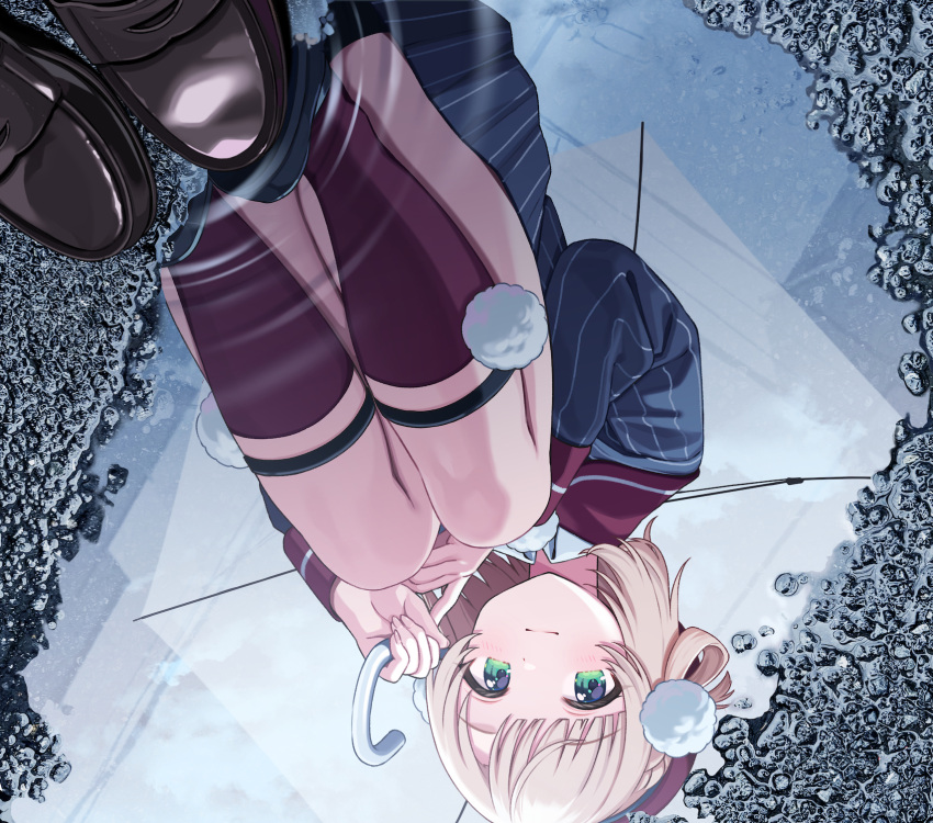 1girl, beret, blonde_hair, blunt_bangs, brown_footwear, closed_mouth, collared_shirt, commentary_request