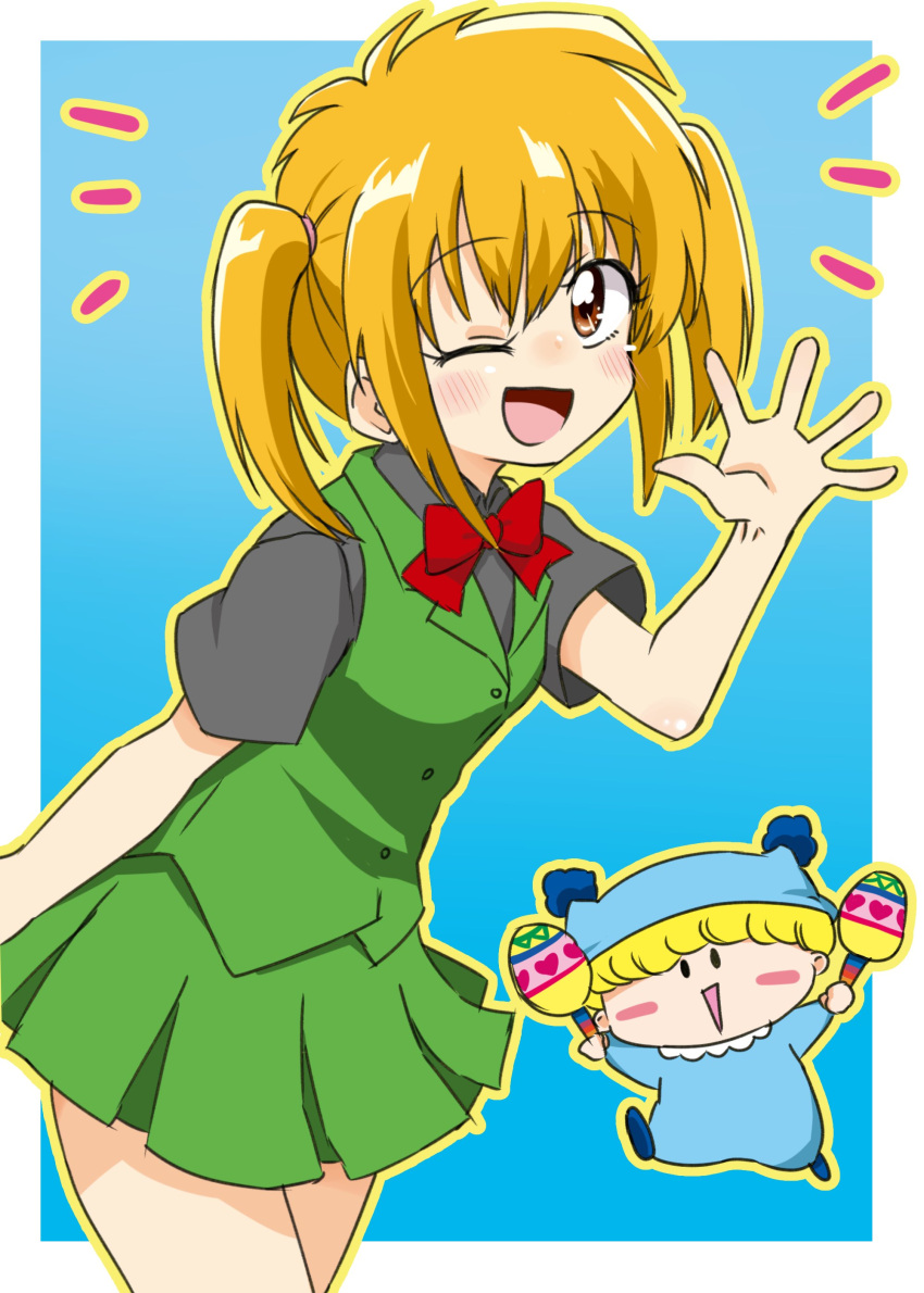 :d, absurdres, black_shirt, blonde_hair, blue_background, blush, blush_stickers, bow
