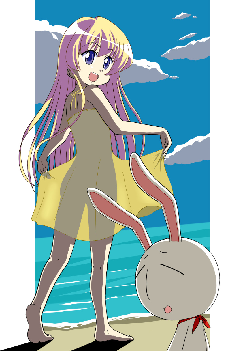 beach, blonde_hair, bunny, dress, highres, ki_(adotadot), long_hair, mesousa