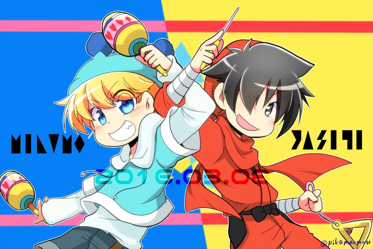 bandana, belt, black_belt, black_hair, blonde_hair, blue_eyes, blue_shirt, commentary_request