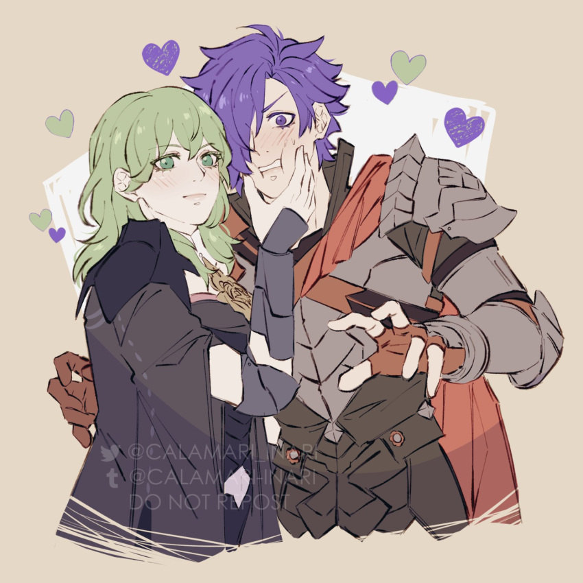 1boy, 1girl, aimaru, alternate_hair_color, blush, bustier, byleth_(female)_(fire_emblem), byleth_(fire_emblem), clothing_cutout, dress, enlightened_byleth_(female), fire_emblem, fire_emblem:_three_houses, fire_emblem_warriors:_three_hopes, green_eyes, green_hair, hetero, highres, lace_pantyhose, navel_cutout, official_alternate_hair_color, shez_(fire_emblem), shez_(male)_(fire_emblem), single-shoulder_dress