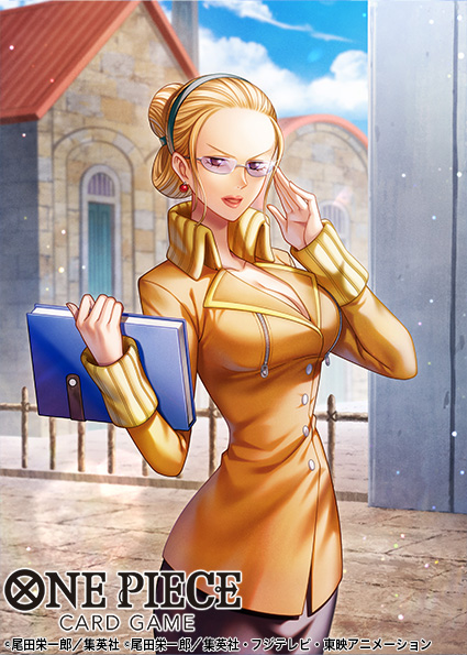 1girl, adjusting_eyewear, aidle_co_jp, black_skirt, blonde_hair, buttons, commentary_request, copyright_name, glasses, hair_bun, headband, holding, jewelry, kalifa_(one_piece), long_sleeves, looking_at_viewer, necklace, official_art, one_piece, one_piece_card_game, open_mouth, orange_shirt, pearl_necklace, shirt, skirt, solo, upper_body