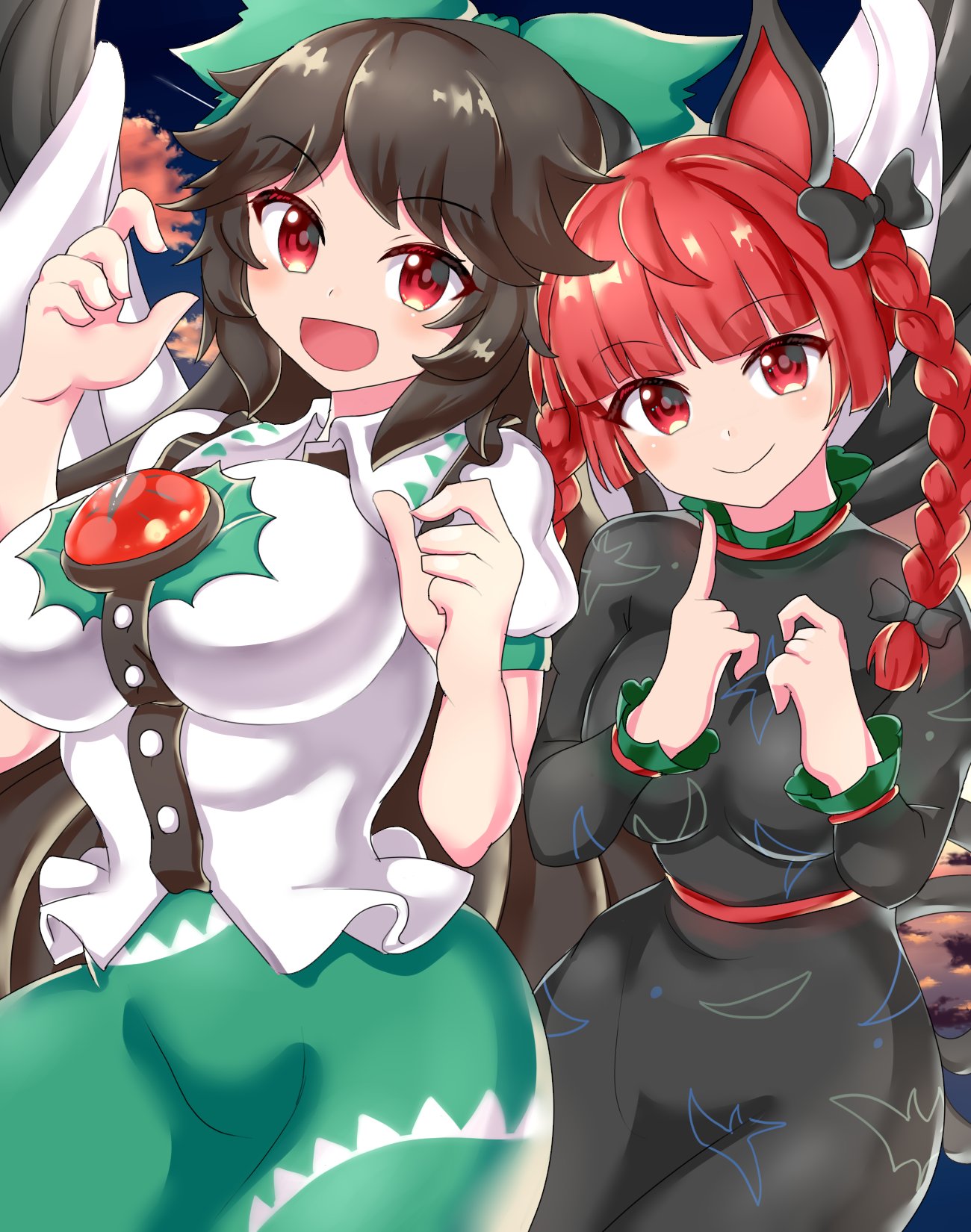 2girls, :d, ahoge, animal_ears, black_dress, blunt_bangs, bow, braid