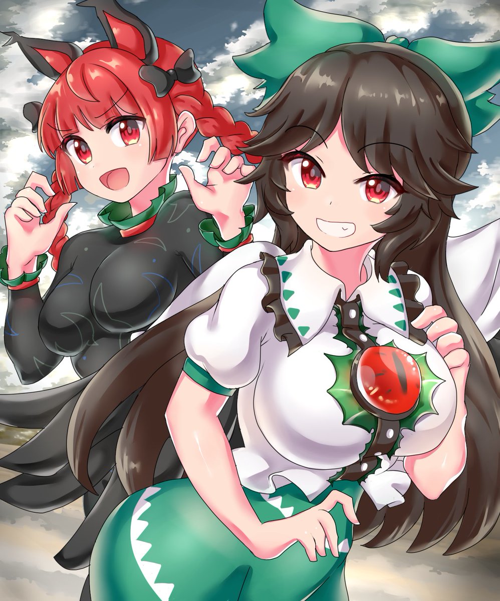 2girls, animal_ears, black_hair, bow, braid, breasts, cat_ears, cat_girl