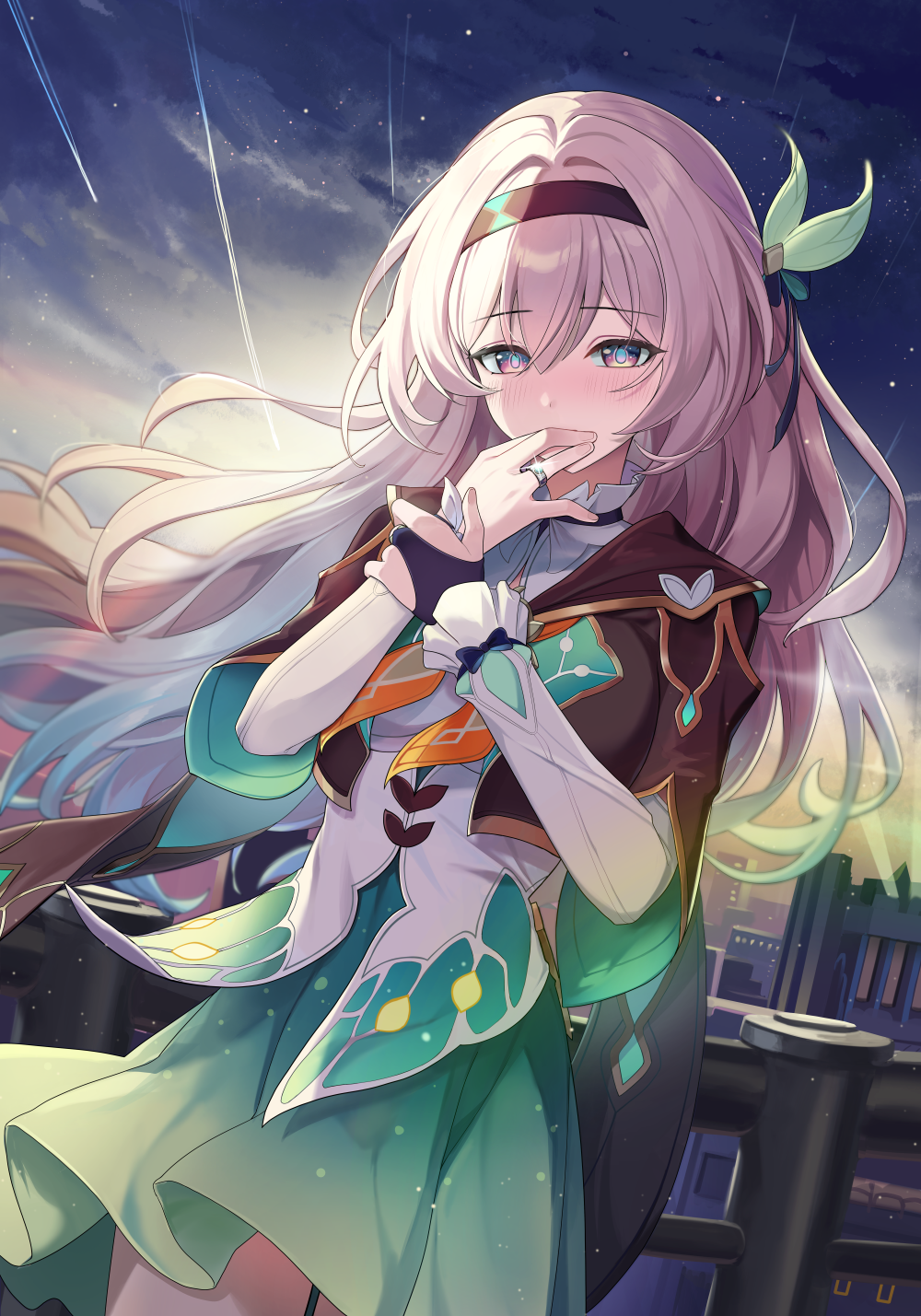 1girl, against_railing, black_bow, black_bridal_gauntlets, black_hairband, black_jacket, blush, bow