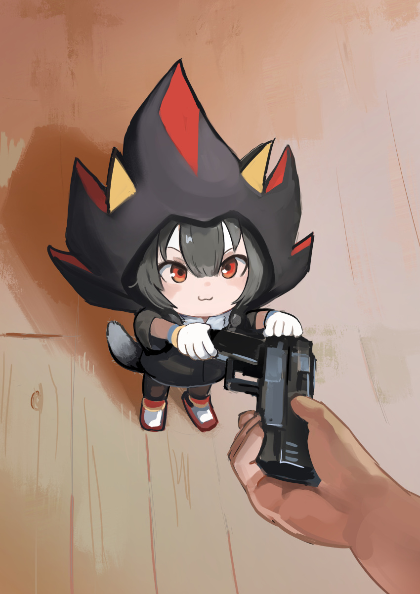 1girl, :3, absurdres, ago_(owenanaken), alternate_eye_color, animal_ears, black_hair, character_costume, closed_mouth, cosplay, dog_girl, dog_tail, fake_animal_ears, from_above, giving, gloves, go_do_a_crime_(meme), gun, handgun, hashtag-only_commentary, highres, holding, holding_gun, holding_weapon, hololive, hood, hood_up, inugami_korone, inugami_korone_(shadow_the_hedgehog), meme, official_alternate_hair_color, red_eyes, shadow_the_hedgehog, shadow_the_hedgehog_(cosplay), shoes, solo_focus, sonic_(series), standing, tail, weapon, white_gloves