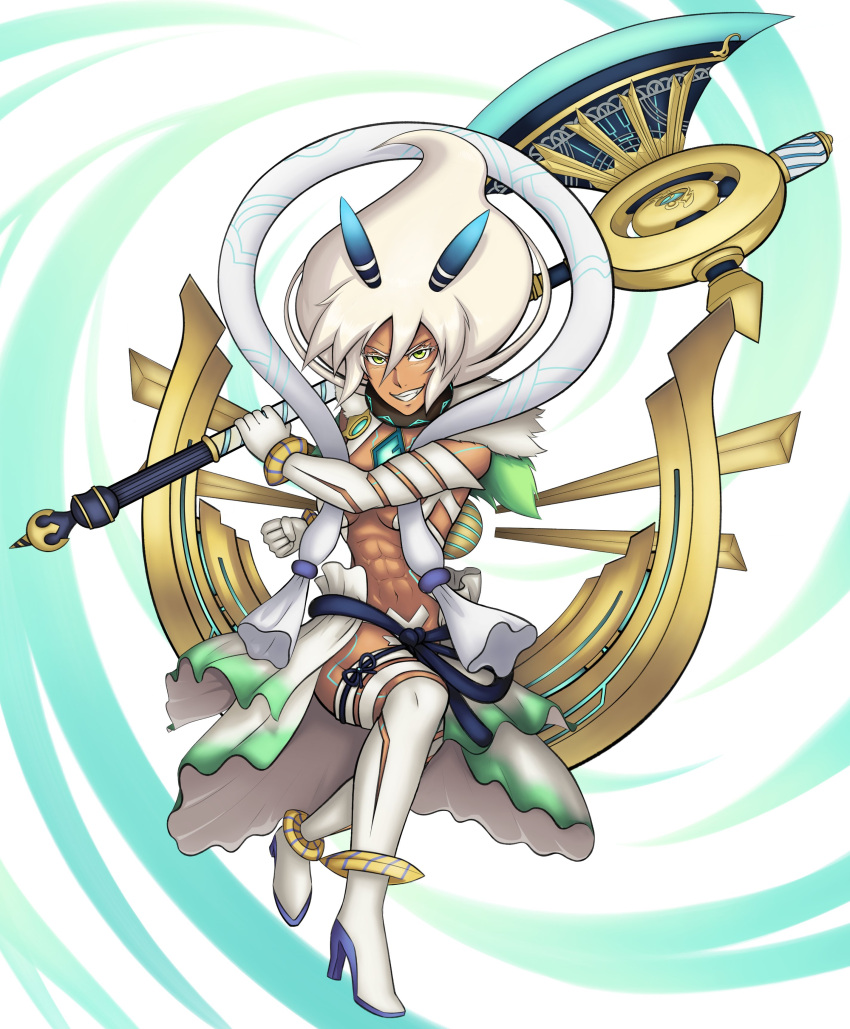 1girl, abs, absurdres, axe, chest_jewel, dark-skinned_female, dark_skin, ememtrp
