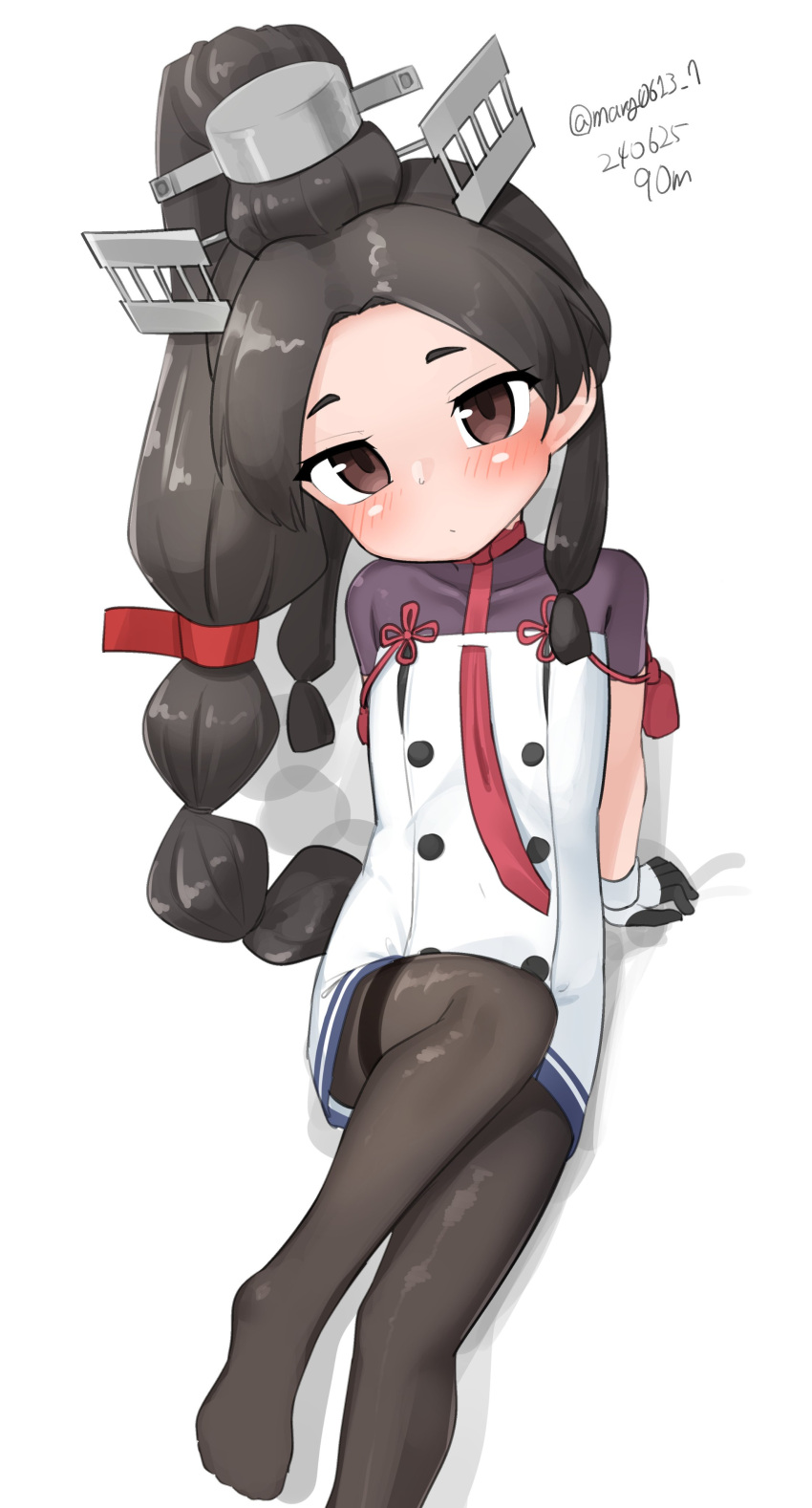 1girl, absurdres, black_hair, black_pantyhose, brown_eyes, cosplay, dress, gloves