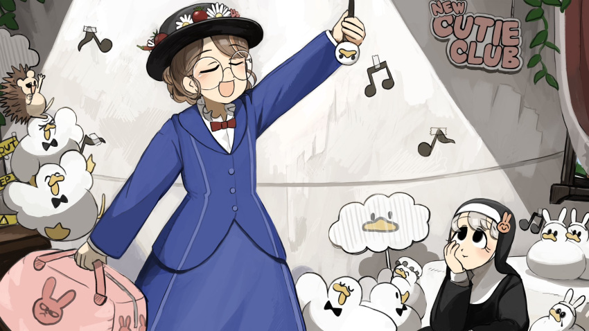 2girls, :d, animal_ears, beamed_eighth_notes, bird, black_bow, black_bowtie, black_eyes