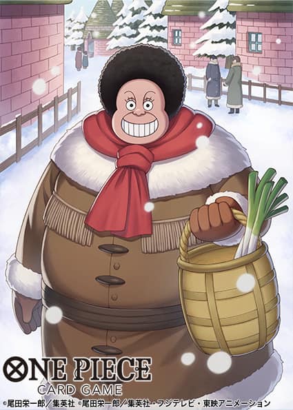 1girl, aidle_co_jp, basket, black_hair, blue_coat, brown_coat, brown_gloves, coat, commentary_request, copyright_name, eyelashes, gloves, holding, holding_basket, long_coat, looking_at_viewer, negikuma_maria, official_art, one_piece, one_piece_card_game, red_scarf, scarf, smile, snowing, solo