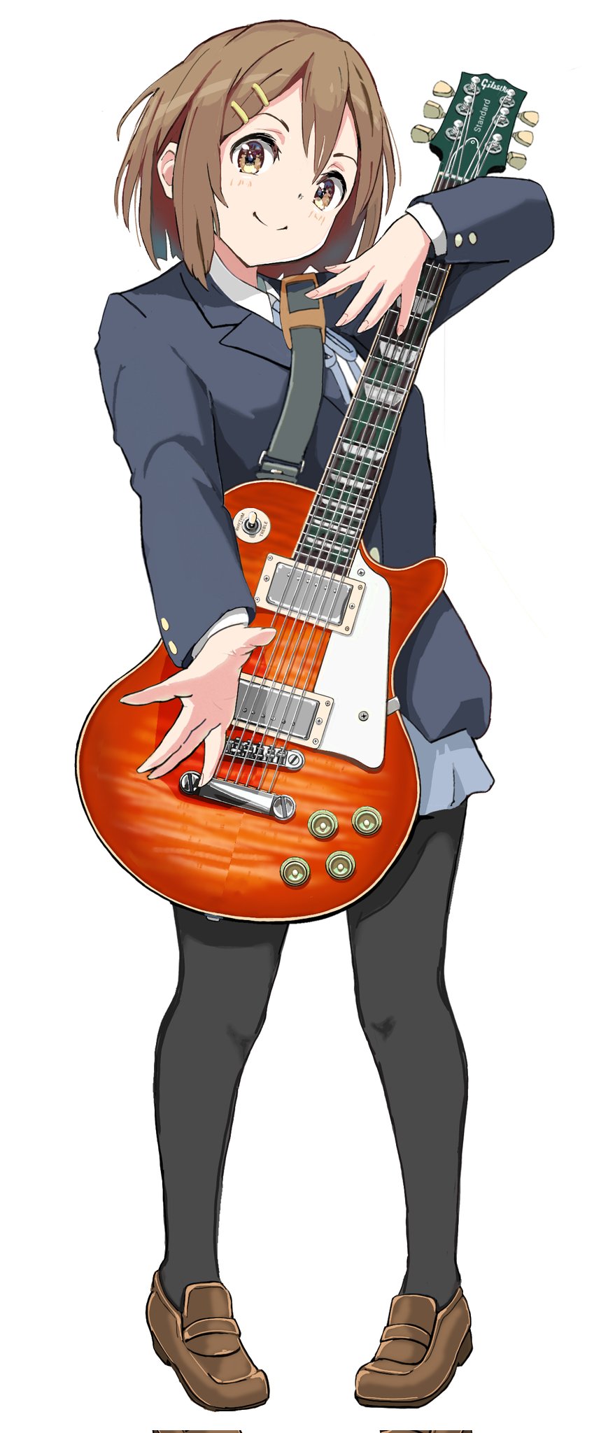 1girl, black_jacket, black_pantyhose, blazer, blue_ribbon, brown_eyes, brown_footwear, brown_hair