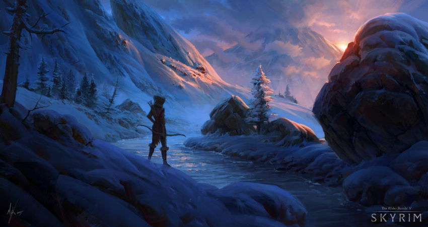 1girl, bow_(weapon), clouds, cloudy_sky, copyright_name, dovahkiin, frozen, highres