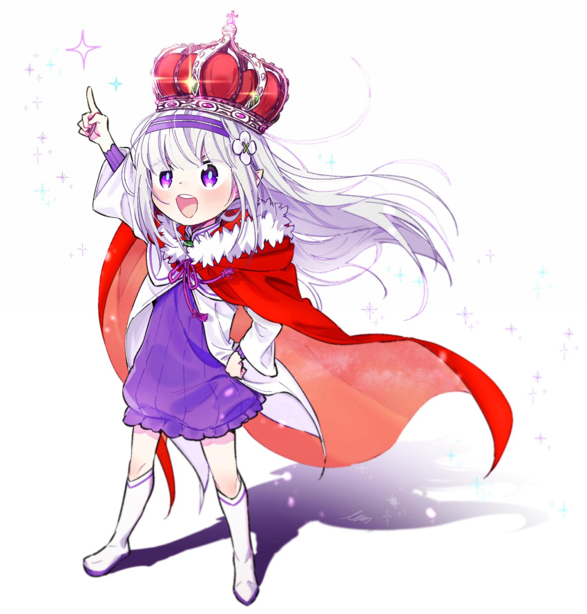 1girl, aim_re0, blush, boots, cape, coat, crown, dress