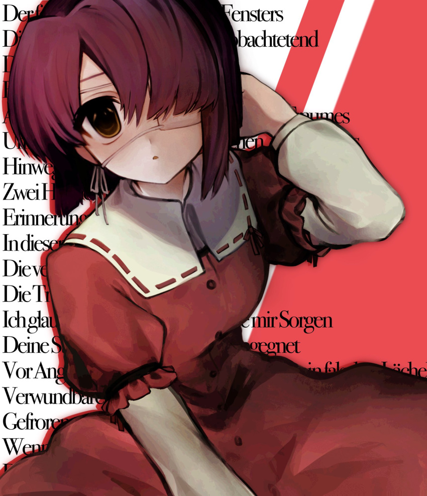 1girl, brown_eyes, dress, ef_(visual_novel), expressionless, eyepatch, german_text, hair_over_one_eye