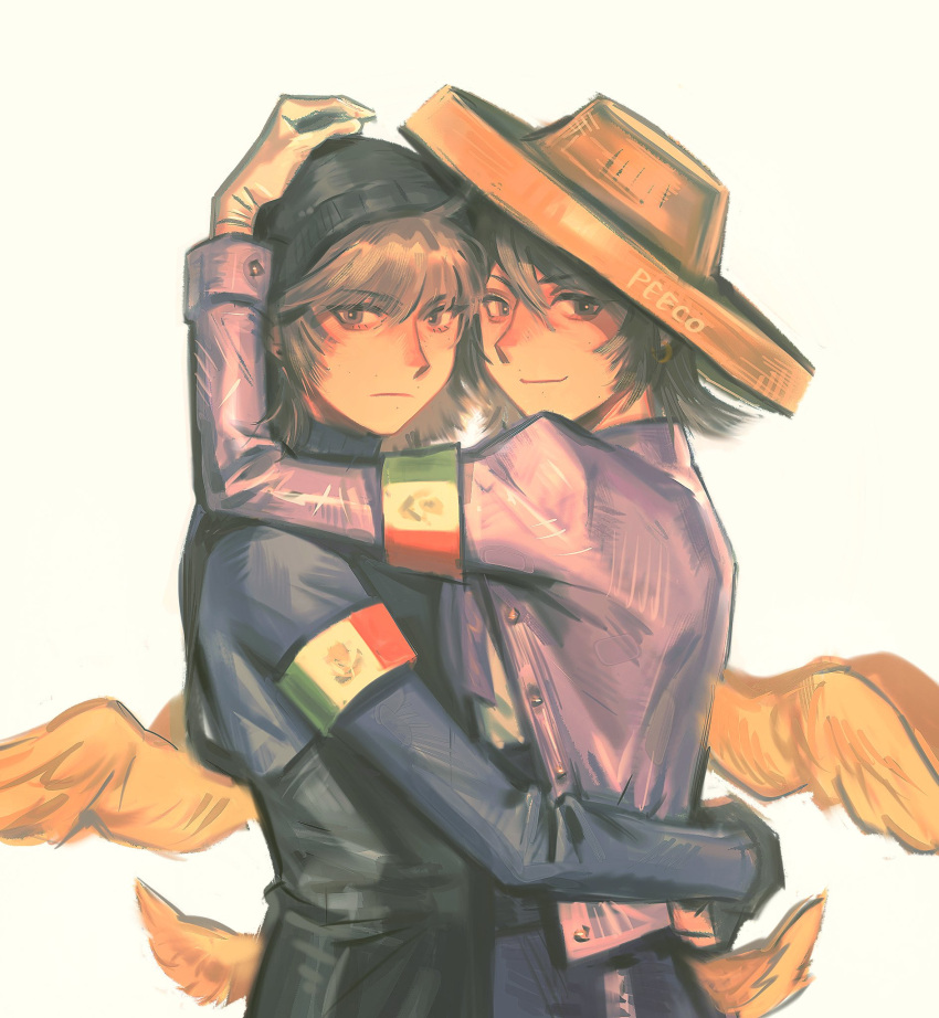 2boys, armband, beanie, bird_tail, bird_wings, black_beanie, black_overalls, blue_shirt, bow, bowtie, brown_eyes, brown_hair, duck_boy, elquackity, feathered_wings, frown, hand_on_another's_head, hands_on_another's_waist, hat, highres, jacket, karmaland, long_sleeves, looking_at_viewer, male_focus, medium_hair, mexican_flag, minecraft_youtube, multiple_boys, overalls, pants, peeco_0, purple_bow, purple_bowtie, purple_jacket, purple_pants, quackity, quackity_smp, shirt, smile, tail, white_background, white_shirt, wings, yellow_hat, yellow_wings