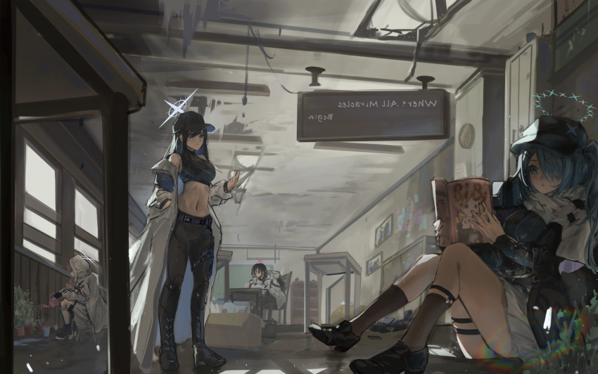 4girls, absurdres, arius_squad_(blue_archive), atsuko_(blue_archive), baseball_cap, black_hair, black_leggings, black_shirt