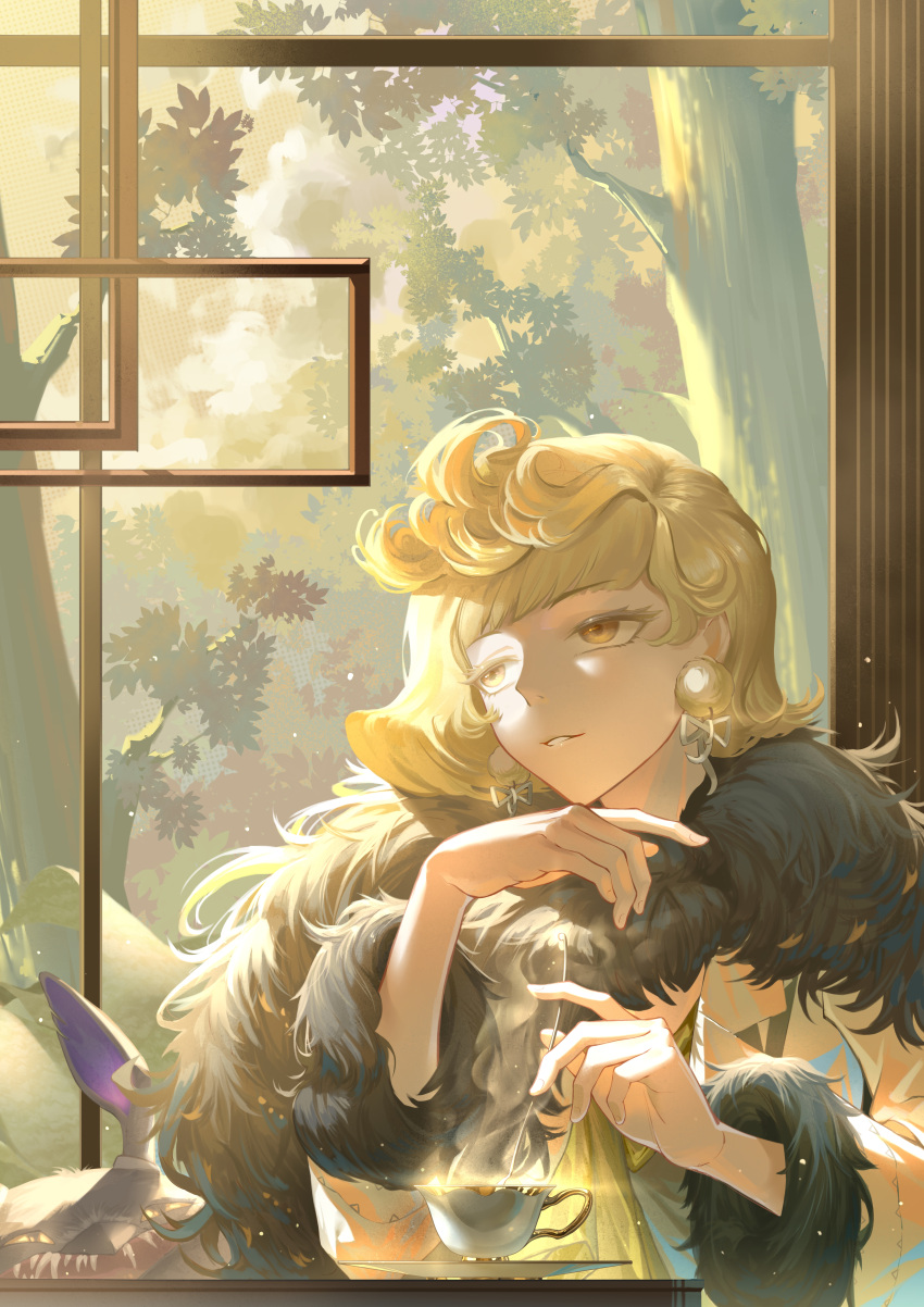 1girl, absurdres, blonde_hair, cup, day, earrings, elbow_on_table, forest