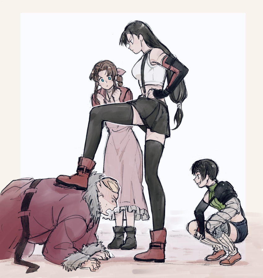 1boy, 3girls, aerith_gainsborough, armor, asymmetrical_legwear, bare_shoulders, black_hair, black_skirt