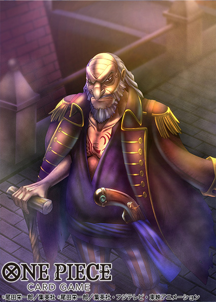 1boy, aidle_co_jp, beard, blue_sash, cane, chest_tattoo, closed_mouth, coat, coat_on_shoulders, collared_coat, commentary_request, copyright_name, epaulettes, facial_hair, from_above, grey_hair, gun, holding, holding_cane, looking_at_viewer, male_focus, official_art, one_piece, one_piece_card_game, pants, sash, schneider_(one_piece), solo, striped_clothes, striped_pants, tattoo, vertical-striped_clothes, vertical-striped_pants, weapon