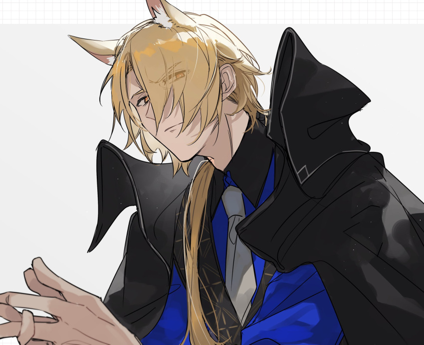 1boy, animal_ear_fluff, animal_ears, arknights, black_coat, blonde_hair, blue_shirt, coat