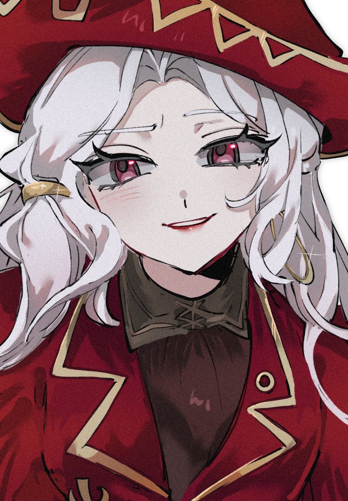 1girl, black_shirt, blush, earrings, gold_trim, hat, hoop_earrings, jacket