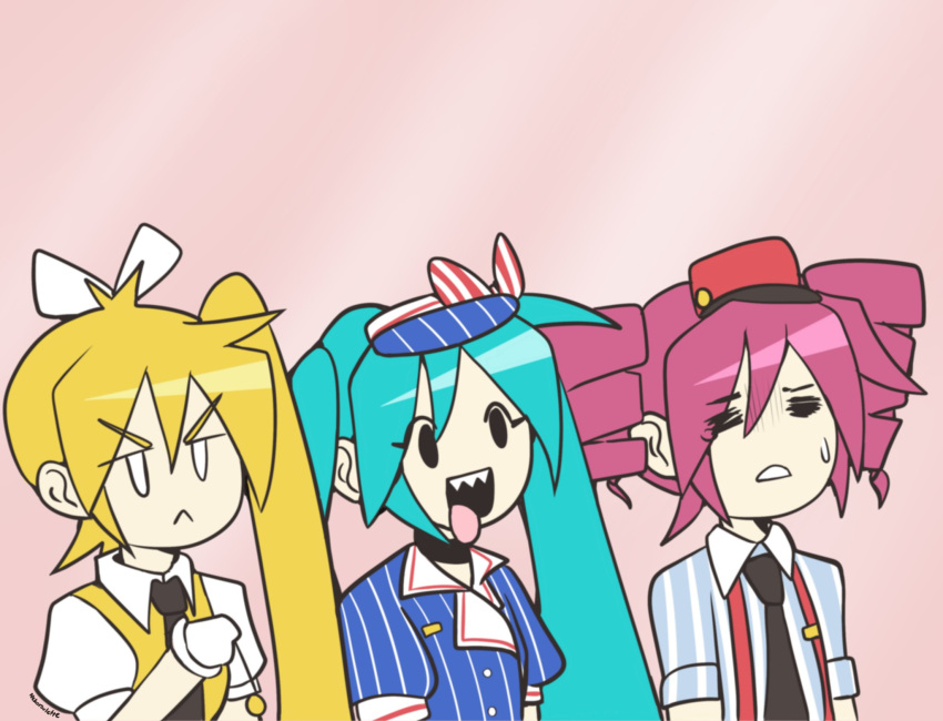 3girls, :<, akita_neru, apron, blue_dress, blue_hair, bow, closed_eyes, dress, drill_hair, hair_bow, hatsune_miku, highres, kasane_teto, long_hair, mesmerizer_(vocaloid), multiple_girls, nekoroulette, parted_lips, pink_apron, puffy_short_sleeves, puffy_sleeves, shirt, short_sleeves, side_ponytail, sweat, triple_baka_(vocaloid), twin_drills, twintails, utau, very_long_hair, vocaloid, white_bow, white_shirt