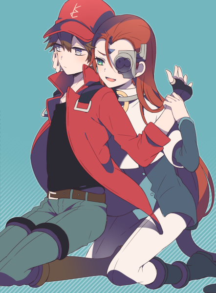 2boys, artificial_eye, belt, black_shirt, brown_footwear, brown_hair, fingerless_gloves, gloves