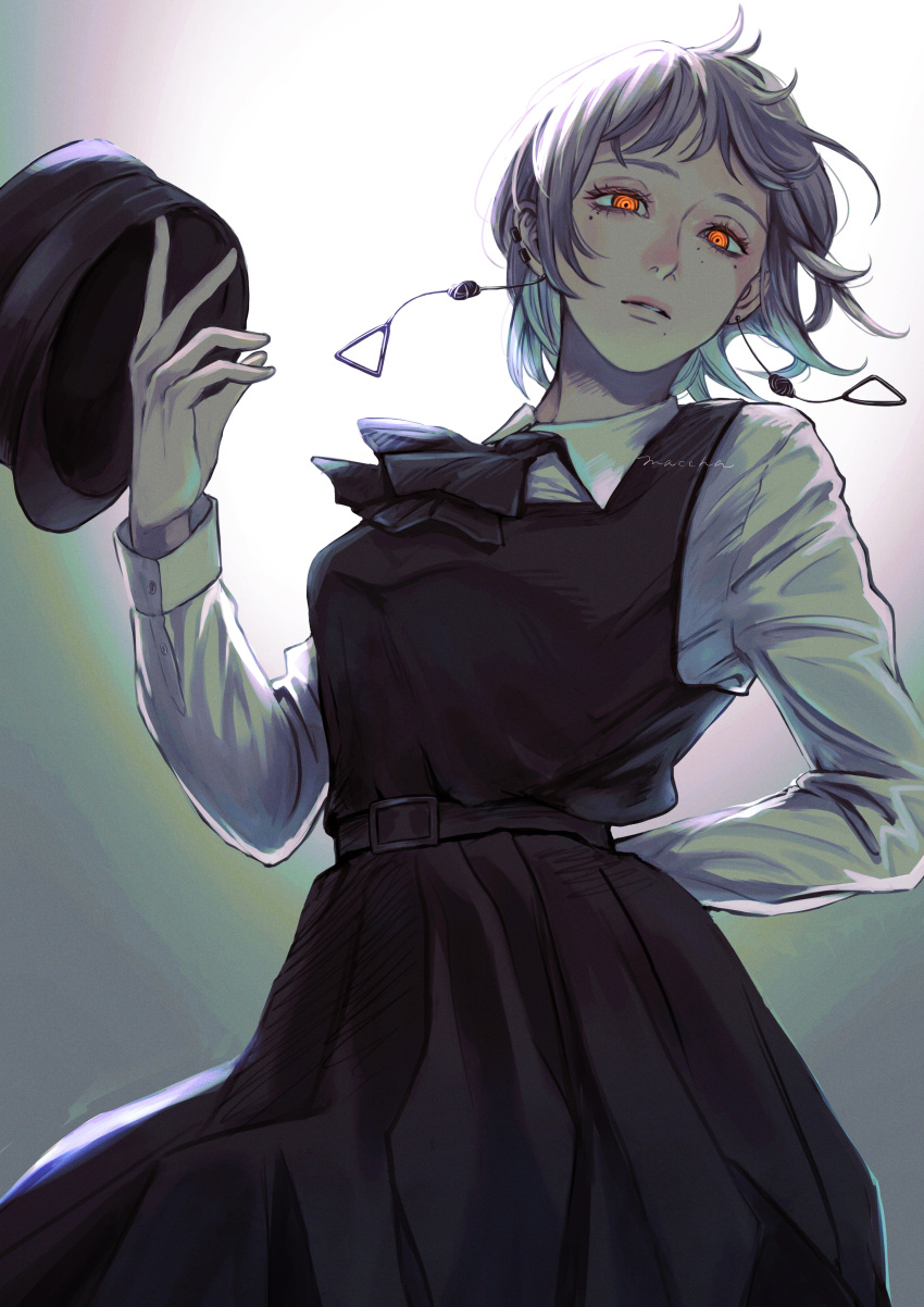 1girl, absurdres, ascot, belt, black_ascot, black_belt, black_dress, black_hat