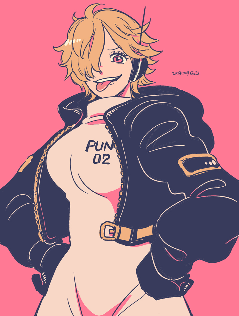 1girl, alternate_hair_color, black_gloves, blonde_hair, bodysuit, commentary_request, dated, earpiece