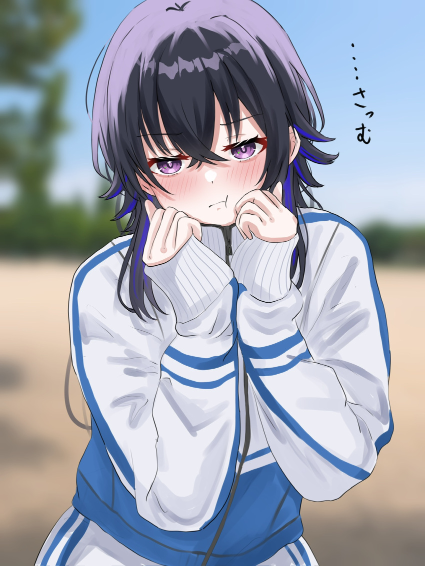 1girl, :t, akue, black_hair, blue_hair, blue_jacket, blush, crossed_bangs