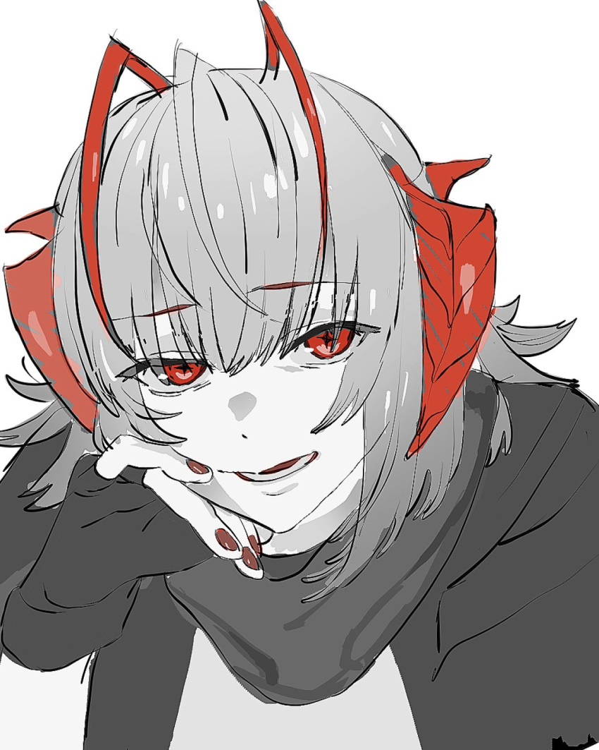 1girl, antennae, anzaiteru_099, arknights, commentary, cross-shaped_pupils, demon_horns, fingerless_gloves, gloves, greyscale, hand_on_own_chin, hand_up, highres, horns, looking_at_viewer, medium_hair, monochrome, open_mouth, red_eyes, red_horns, red_nails, scarf, simple_background, smile, solo, spot_color, symbol-shaped_pupils, upper_body, w_(arknights)