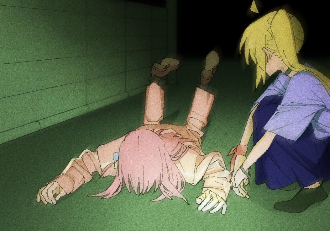 2girls, ahoge, anzaiteru_099, arms_on_knees, black_choker, black_socks, blonde_hair, blue_skirt