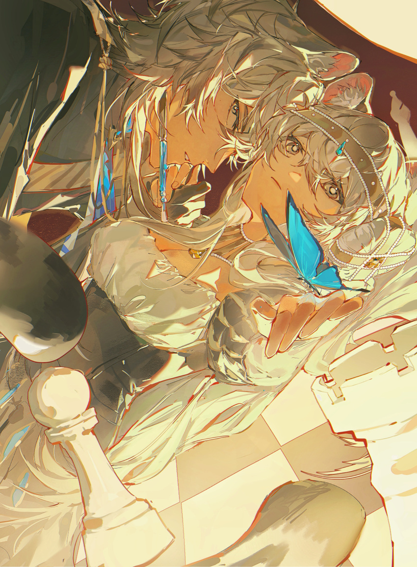 absurdres, animal_ears, arknights, board_game, brother_and_sister, bug, butterfly, chess