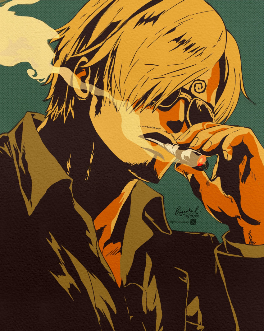 1boy, artist_name, blonde_hair, cigarette, commentary, curly_eyebrows, dated, english_commentary
