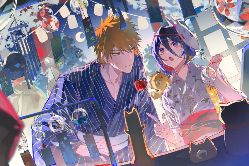 1boy, 1girl, 1other, absurdres, bleach, candy_apple, festival, food