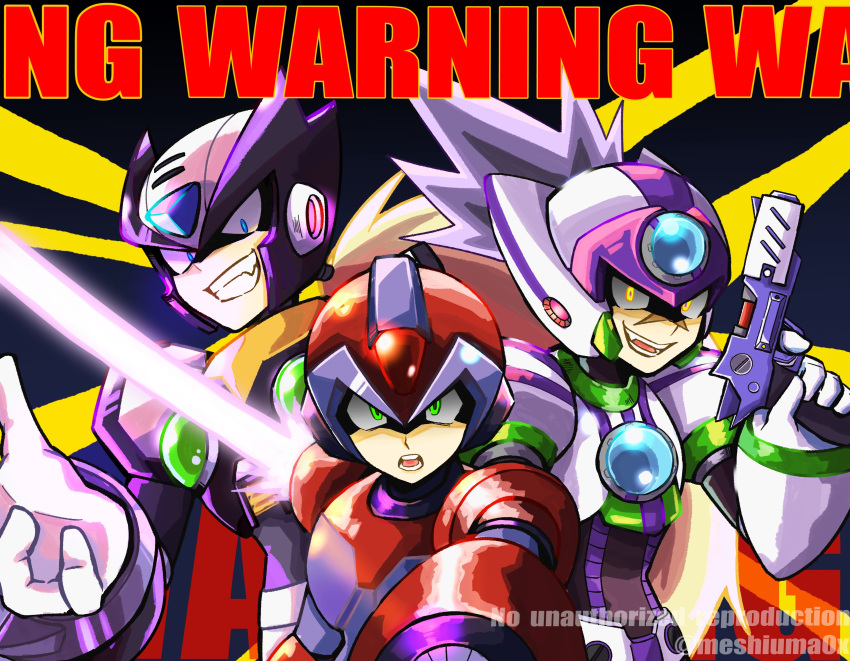 3boys, absurdres, alternate_color, android, arm_cannon, armor, axl_(mega_man), black_armor